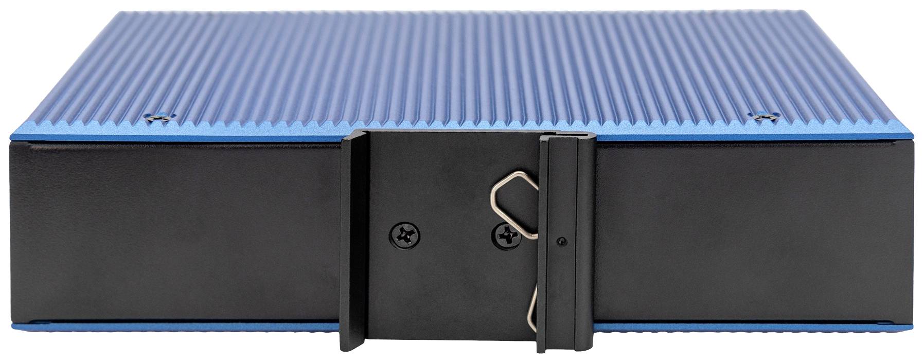 Un appareil bleu-noir à surface rainurée et support métallique, probablement un produit technique ou industriel.