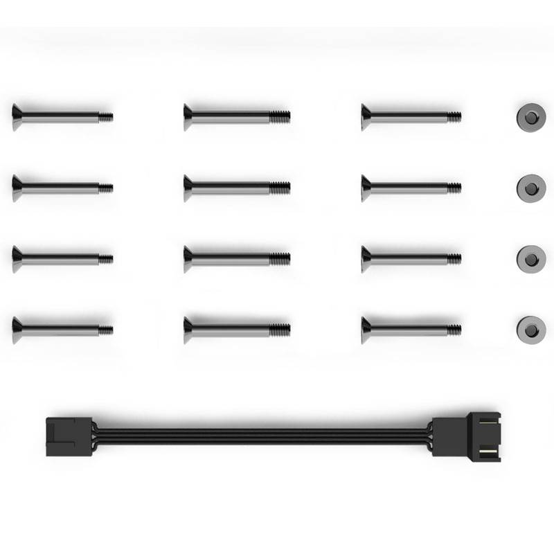 Ensemble de vis et d'écrous, douze vis et quatre écrous au-dessus d'un câble noir avec fiche.