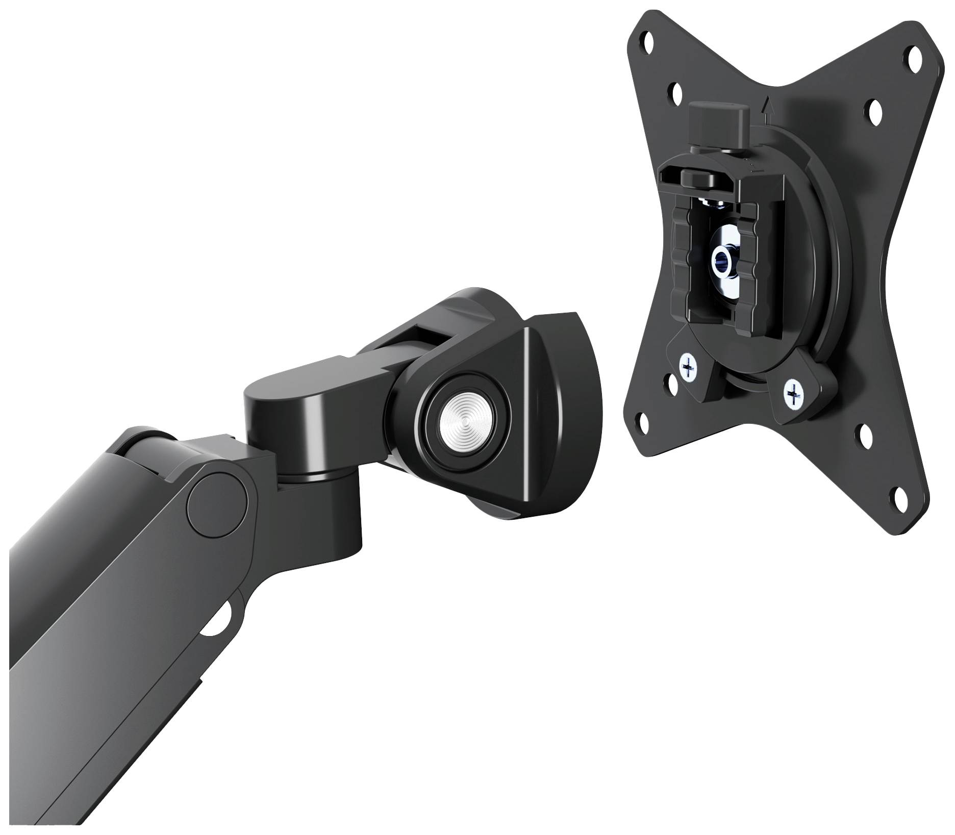 Un bras de moniteur noir et réglable avec un support VESA adapté à la fixation d'un écran.
