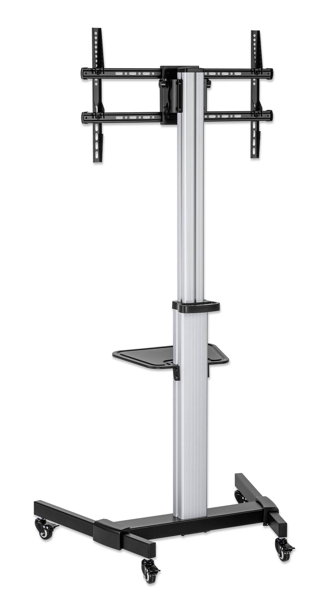 Un support de télévision mobile sur roulettes, réglable en hauteur, avec support VESA et une petite surface de rangement, adapté aux présentations.