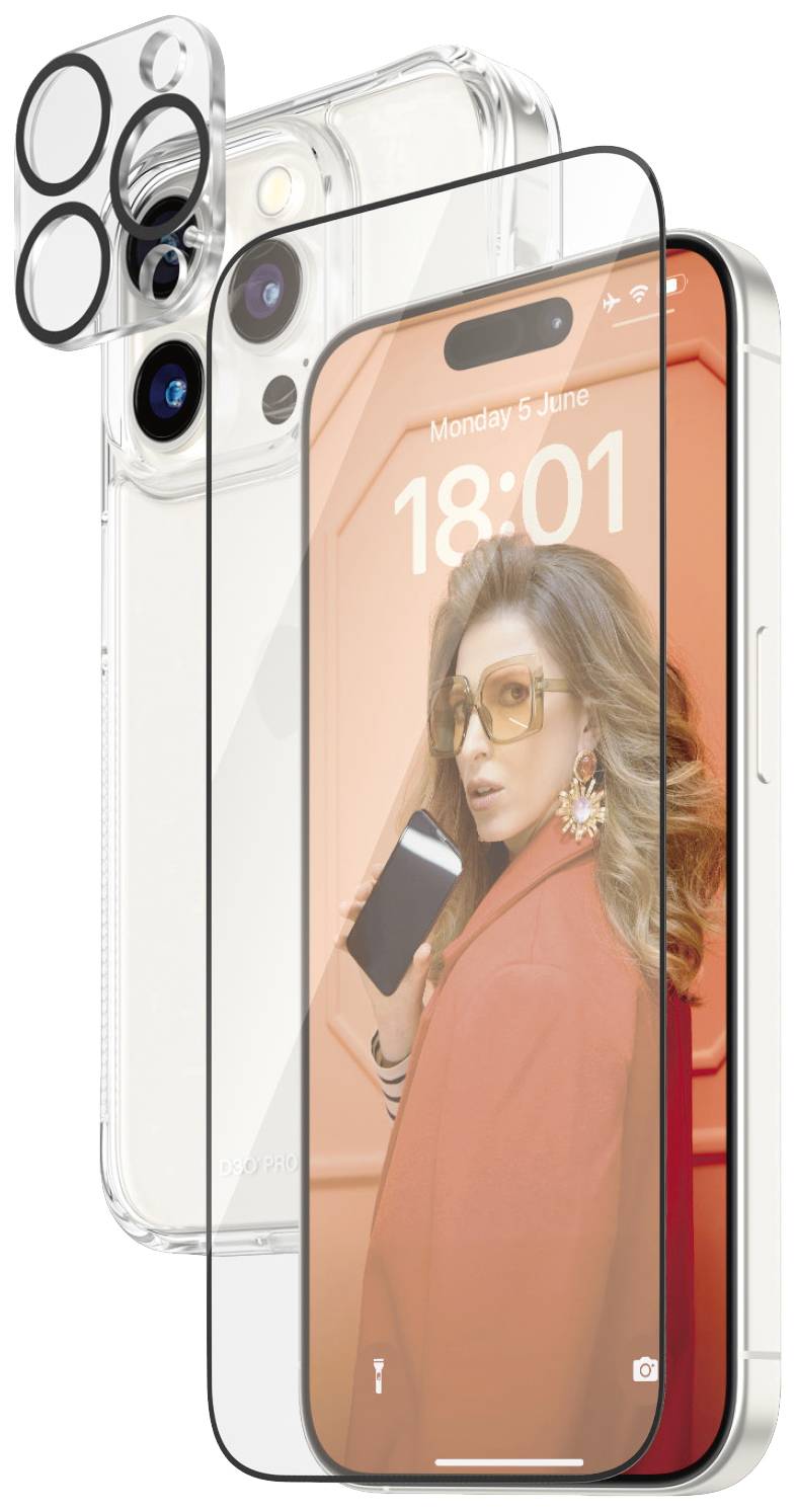 Smartphone avec boîtier transparent et protection d'écran. Une femme en vêtements rouges tient un téléphone. L'heure affichée est 18:01.