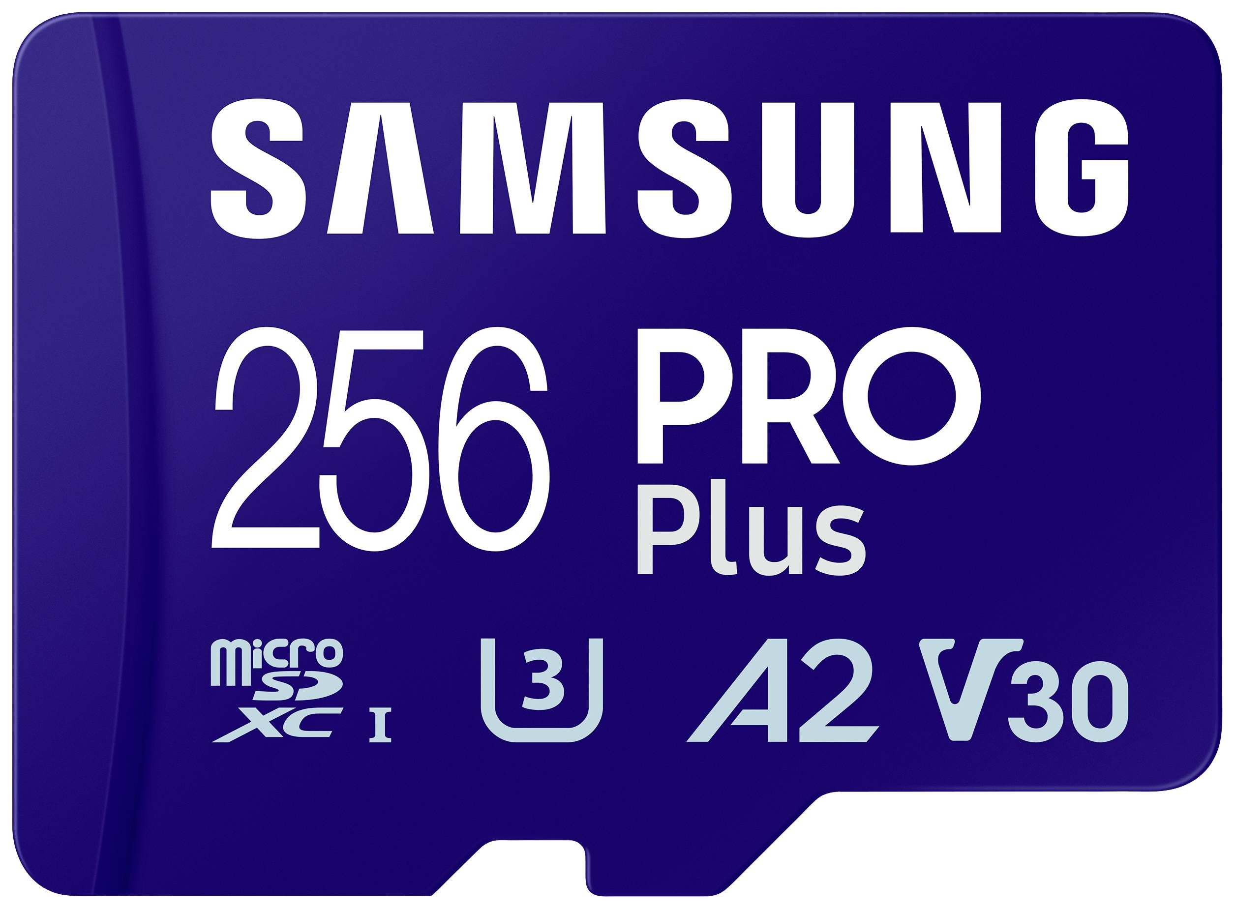 Carte microSD Samsung 256 PRO Plus, UHS-I, A2, V30, adaptée aux enregistrements vidéo de haute qualité et aux transferts de données rapides.