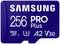 Carte microSD Samsung 256 PRO Plus, UHS-I, A2, V30, adaptée aux enregistrements vidéo de haute qualité et aux transferts de données rapides.