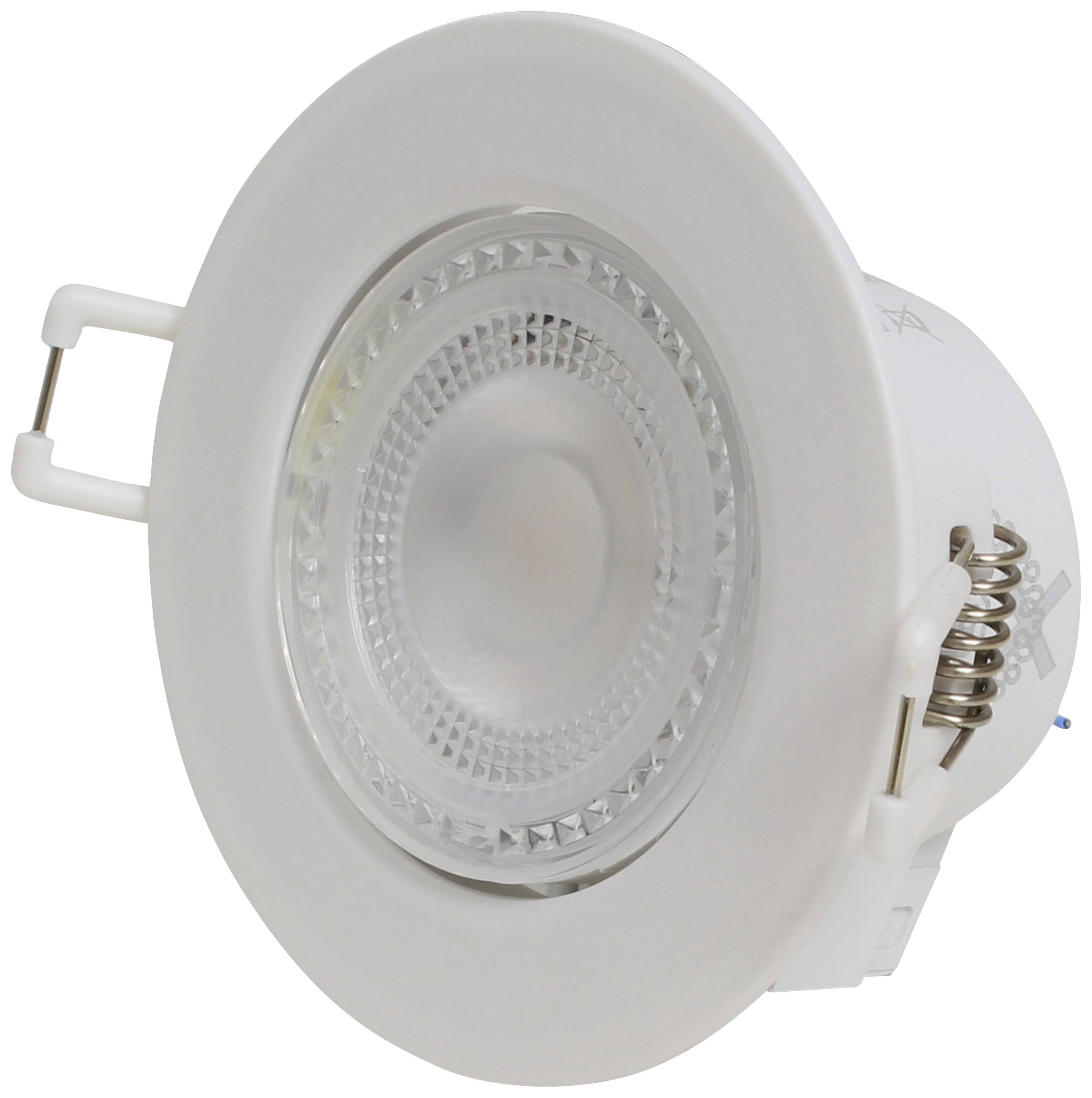 Spot encastrable LED circulaire en blanc avec des attaches métalliques de fixation, adapté à un éclairage moderne et économe en énergie.