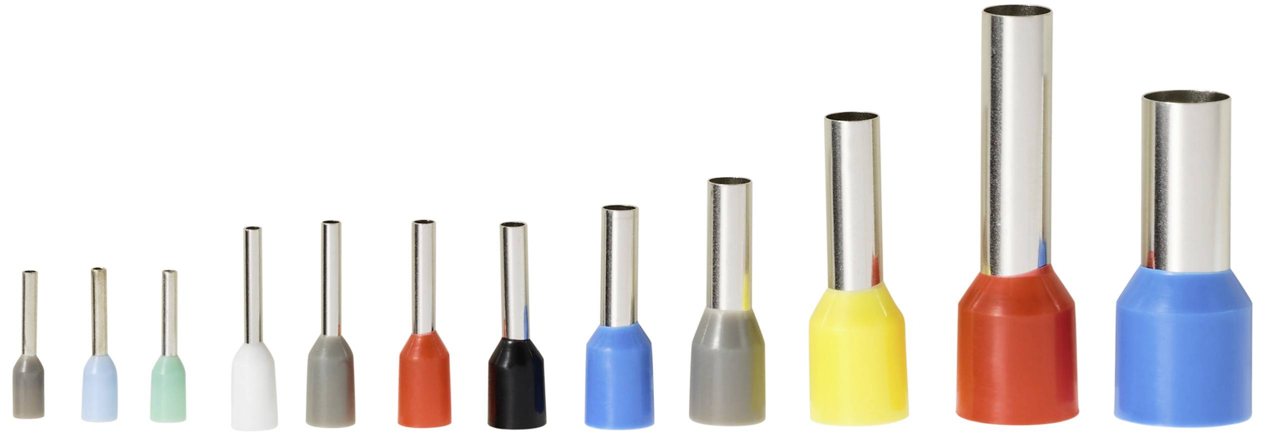 Ensemble de cosses à sertir de différentes couleurs et tailles, allant croissant de gauche à droite. Chaque cosse dispose d'un embout de connexion métallique.