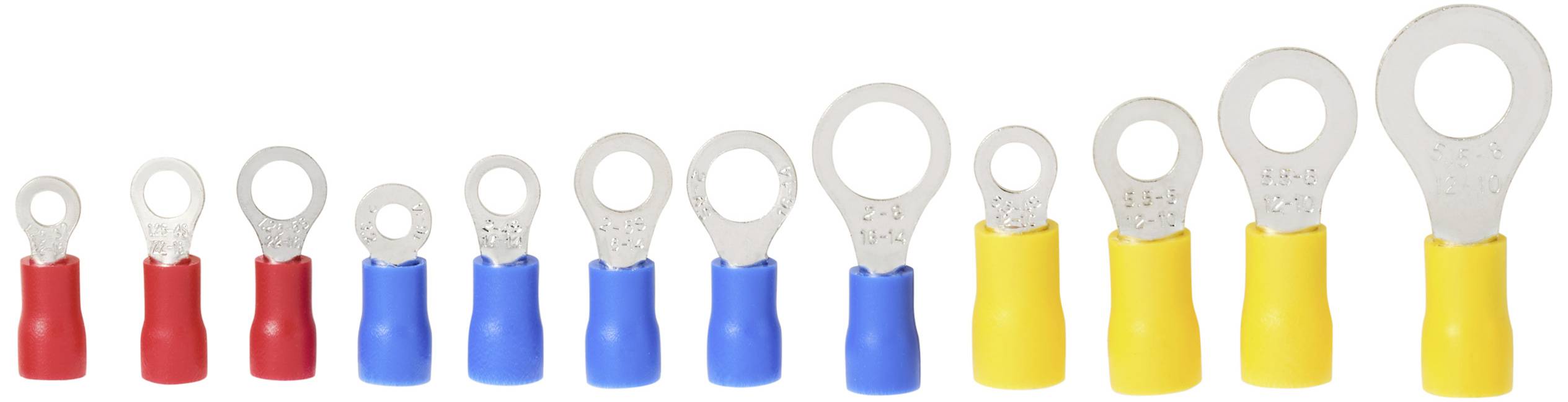 Différentes cosses de câble en rouge, bleu et jaune, rangées par taille. Elles ont des connexions en forme d'anneau.
