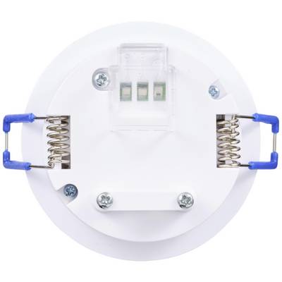Un support de plafond rond avec deux ressorts et une partie en plastique transparent comportant trois connexions électriques, sur un fond blanc.