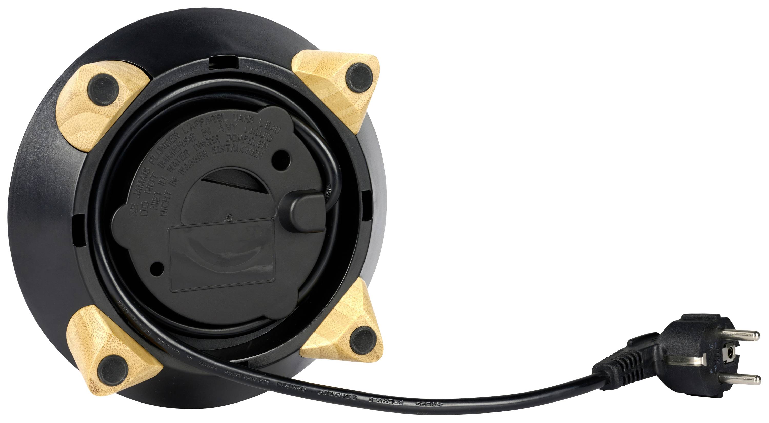 Enrouleur de câble rond avec câble noir et fiche. Supports en bois aux angles. Adapté pour une organisation efficace des câbles.