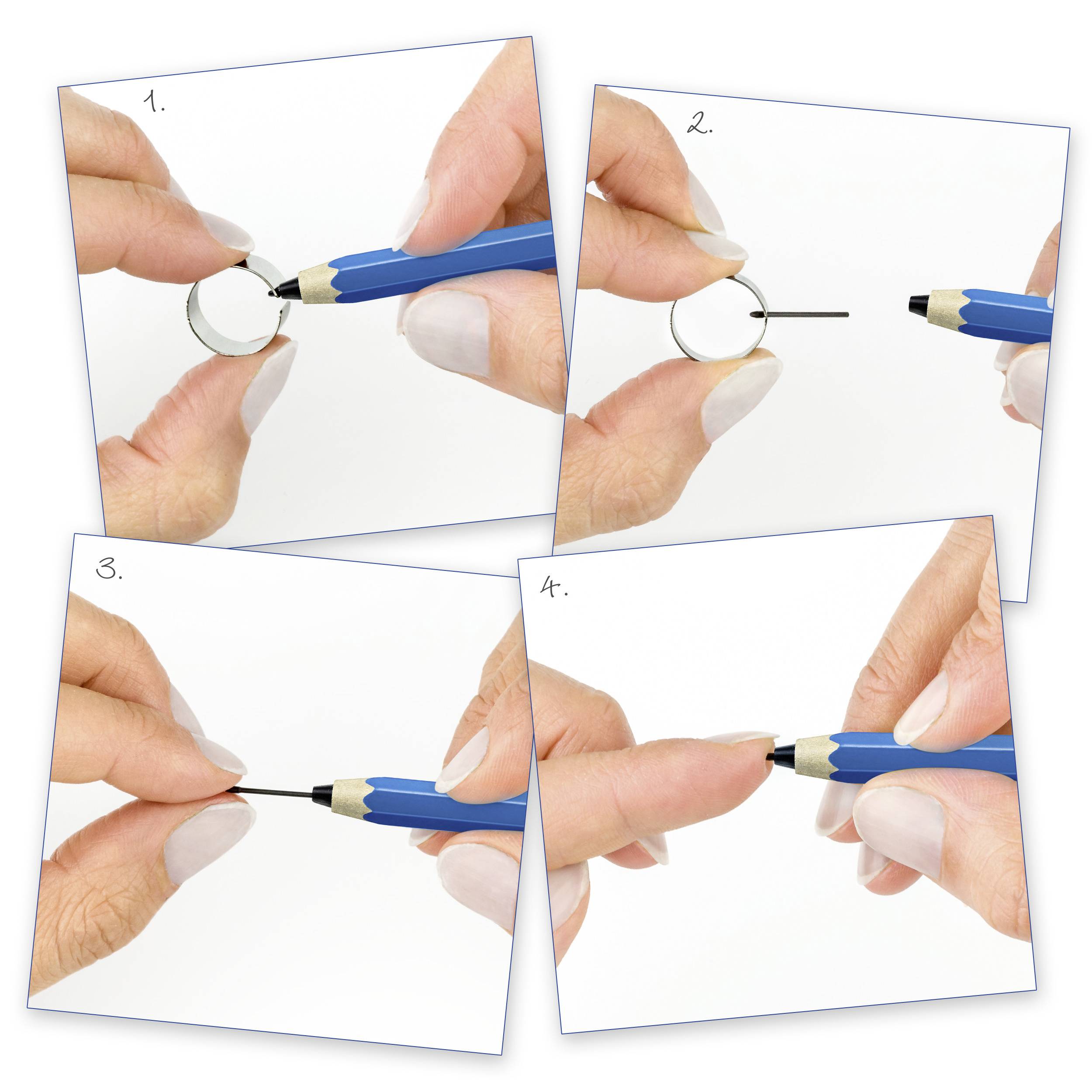 Quatre images montrent l'utilisation progressive d'un stylo pour agrandir une bague.