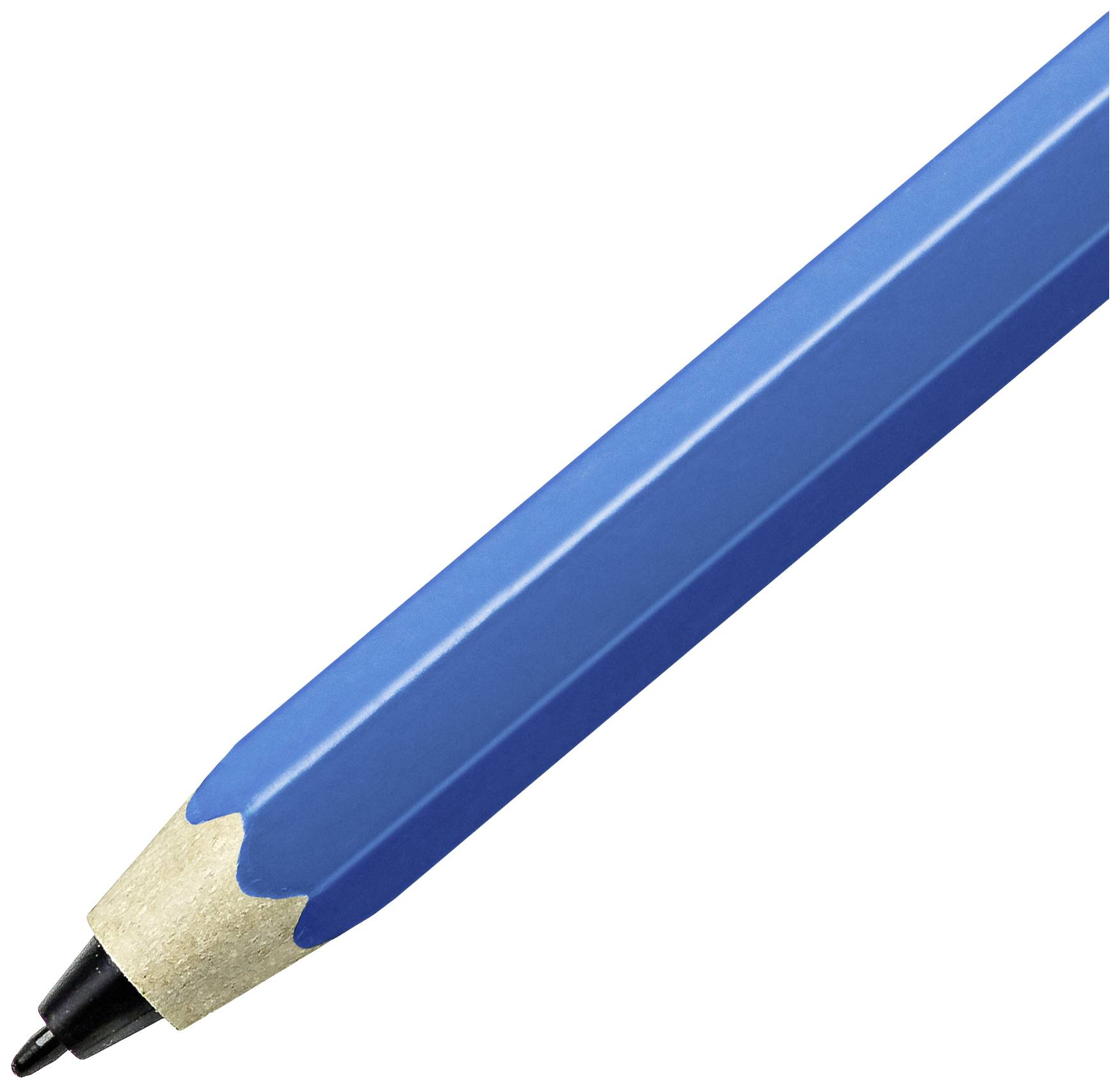 Crayon bleu avec une pointe noire aiguisée sur un fond blanc.