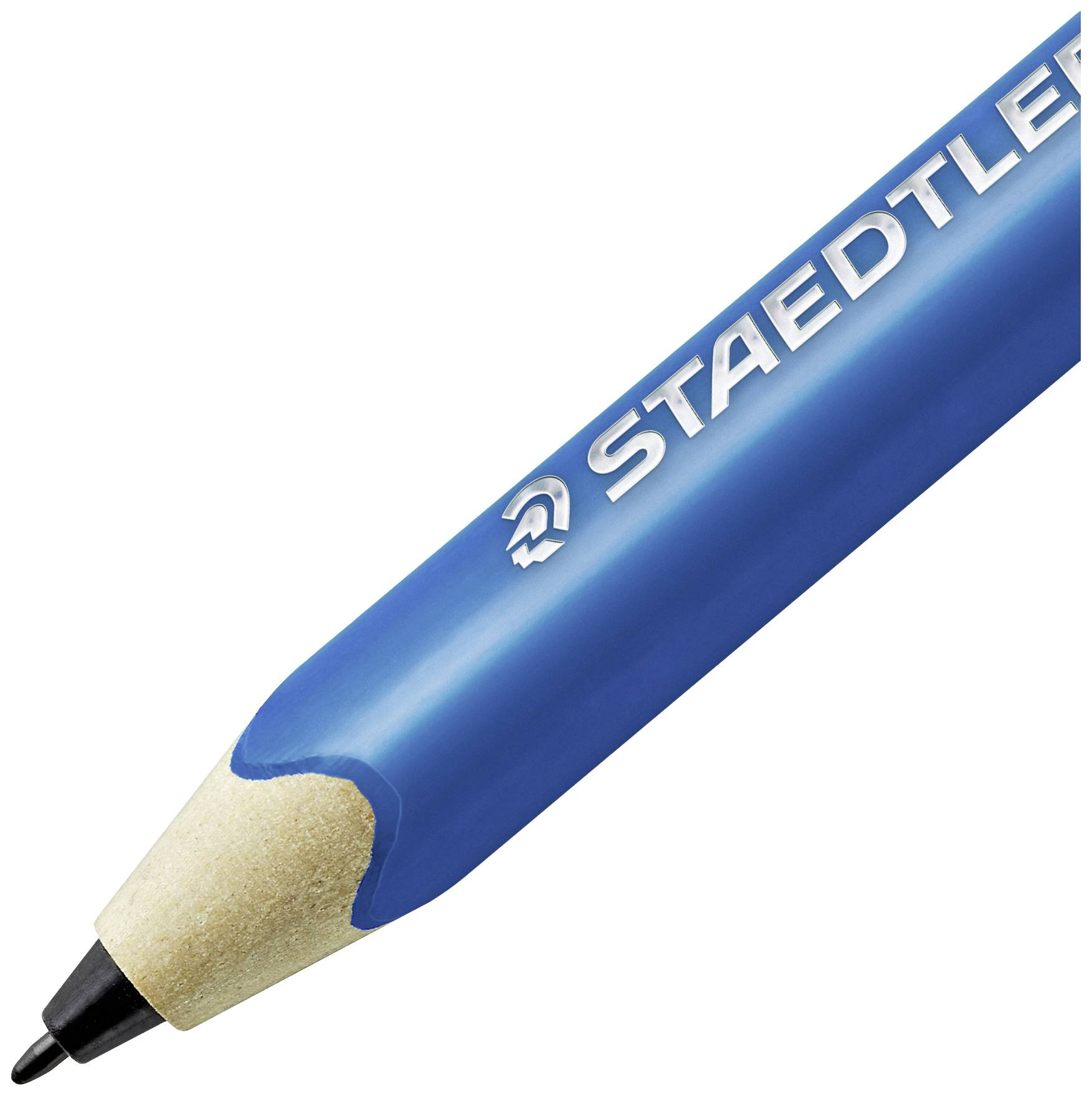 Stylo bleu de la marque STAEDTLER avec une pointe bien aiguisée, prêt à écrire.