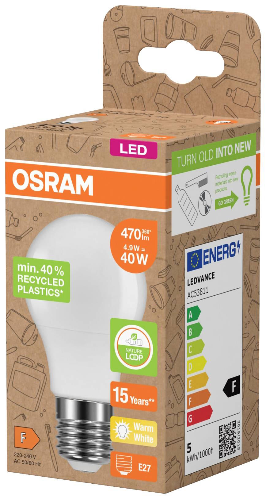 'Ampoule LED OSRAM, 470 lumens, équivalent 40W, économe en énergie (classe F), au moins 40% de plastique recyclé, lumière chaude, E27, durée de vie de 15 ans.'