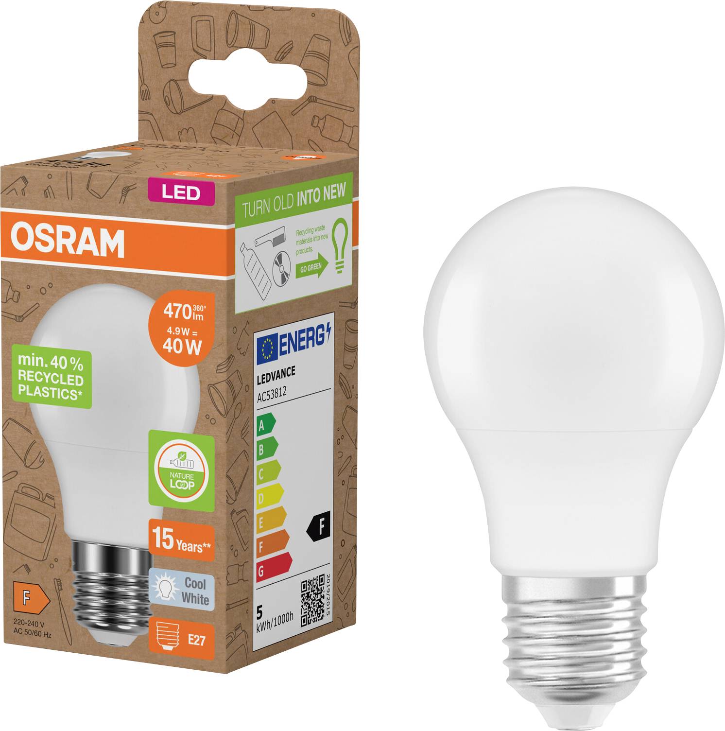 Ampoule LED OSRAM dans un emballage écologique, montrant une ampoule E27 blanc froid et une étiquette énergétique indiquant 470 lm, 4,9 W, équivalente à 40 W.