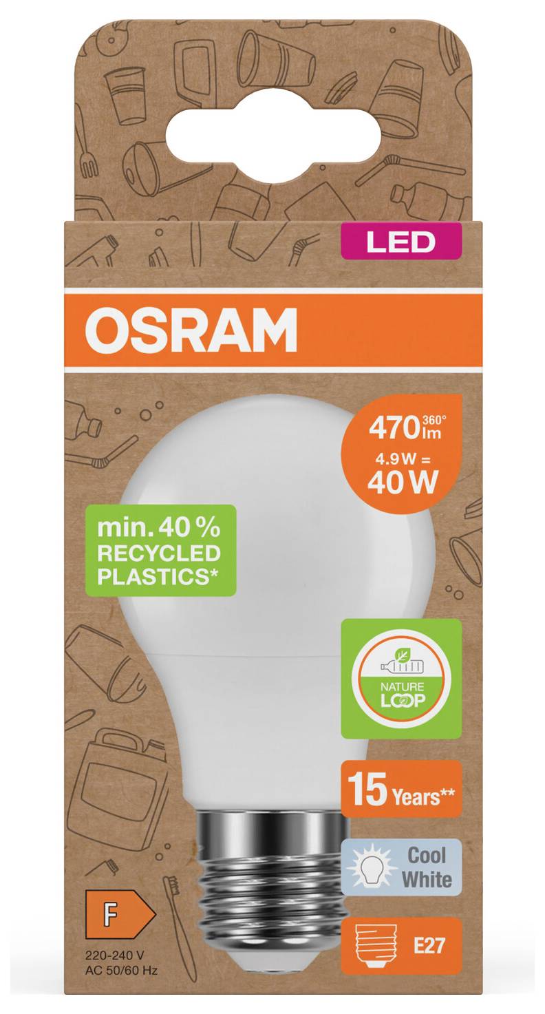 Emballage d'ampoule LED OSRAM montrant une ampoule équivalente à 40W, puissance de 4,9W, culot E27, blanc froid, 15 ans, et 40% de plastiques recyclés.