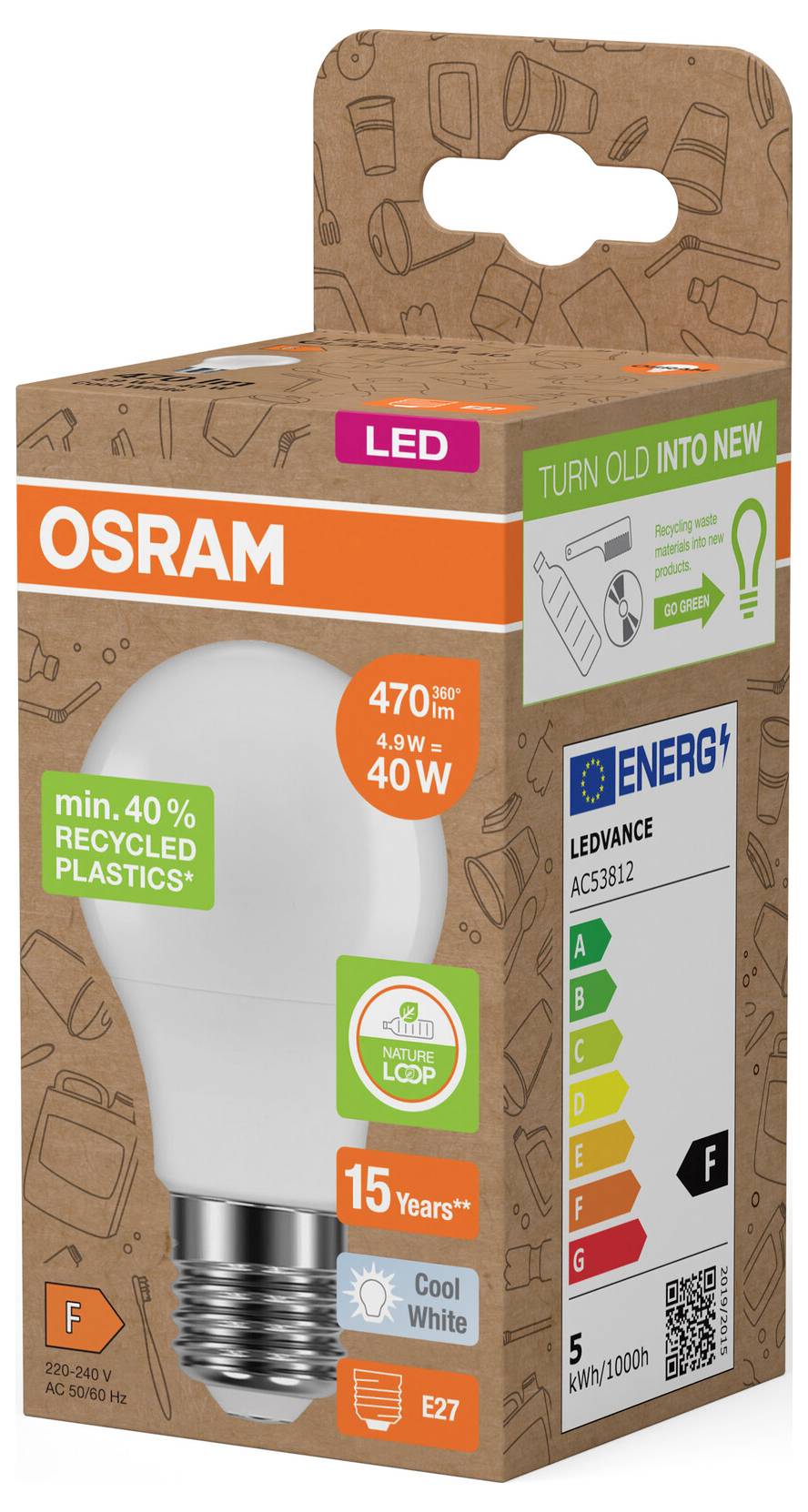 Emballage d'ampoule LED OSRAM avec « Transformer l'ancien en nouveau » et « 470 lm 4,9W = 40W », affichant « min. 40% de plastiques recyclés » et l'étiquette énergétique F.