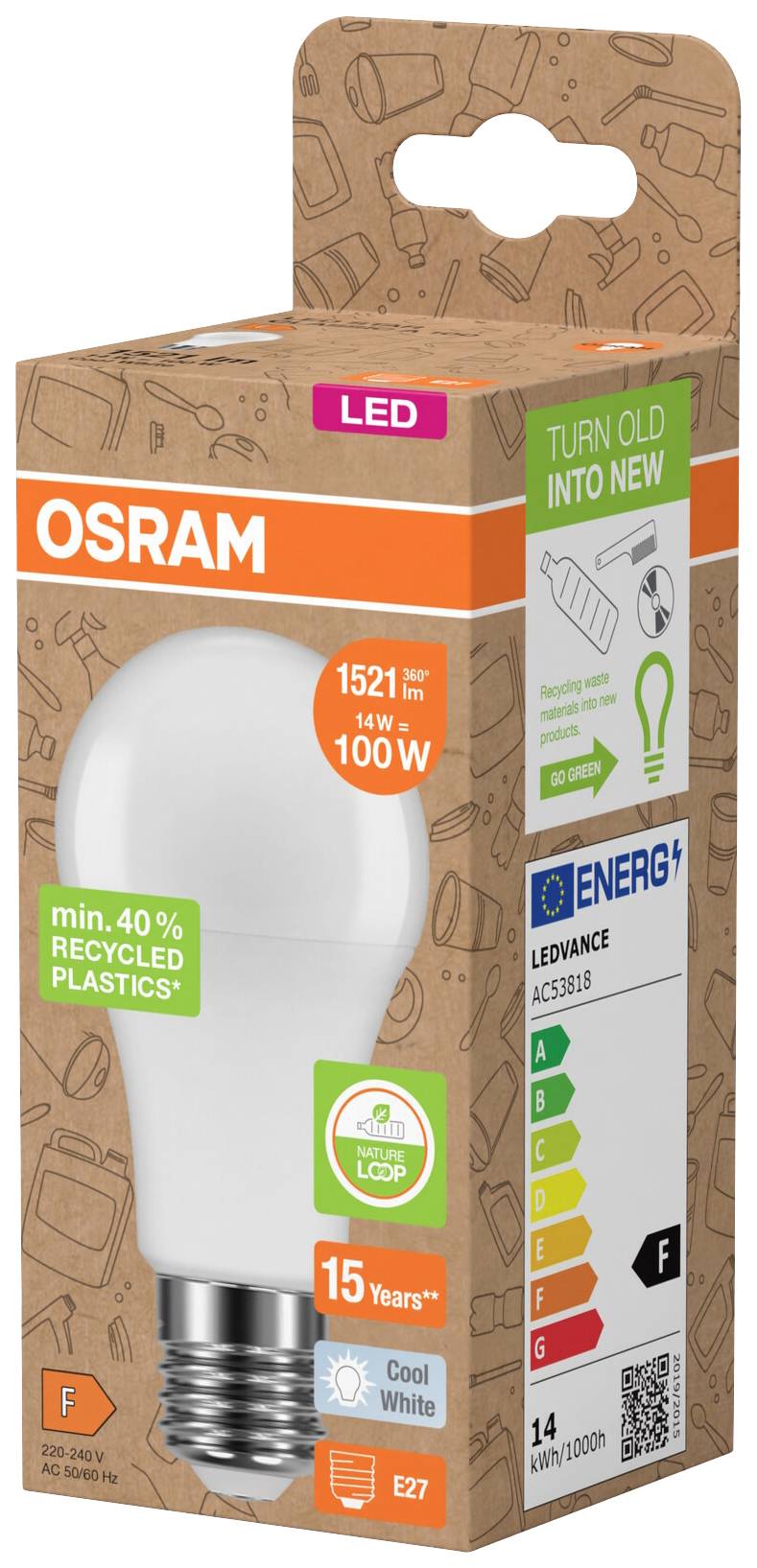 Emballage d'une ampoule LED Osram. Détails : Culot E27, 14W (équivalent 100W), durée de vie de 15 ans, lumière blanche froide, classe énergétique E, au moins 40 % de plastique recyclé.