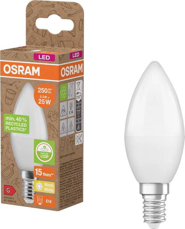 OSRAM HOMELIGHTING 4058075831926 LED CEE G (A - G) E14 forme de flamme 3.3 W = 25 W blanc chaud (Ø x H) 37 mm x 96 mm non dimmable 1 pc(s)