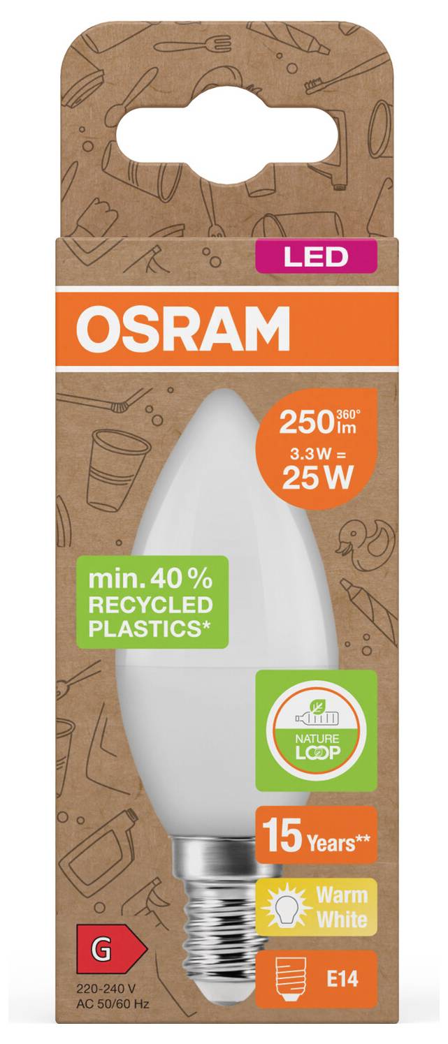 Ampoule bougie LED OSRAM, 250 lm, 3,3 W, équivalent 25 W, blanc chaud, culot E14, 15 ans, 40% de plastiques recyclés, classe énergétique G.