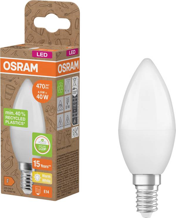OSRAM HOMELIGHTING 4058075831964 LED CEE F (A - G) E14 forme de flamme 4.9 W = 40 W blanc chaud (Ø x H) 37 mm x 96 mm  1 pc(s)