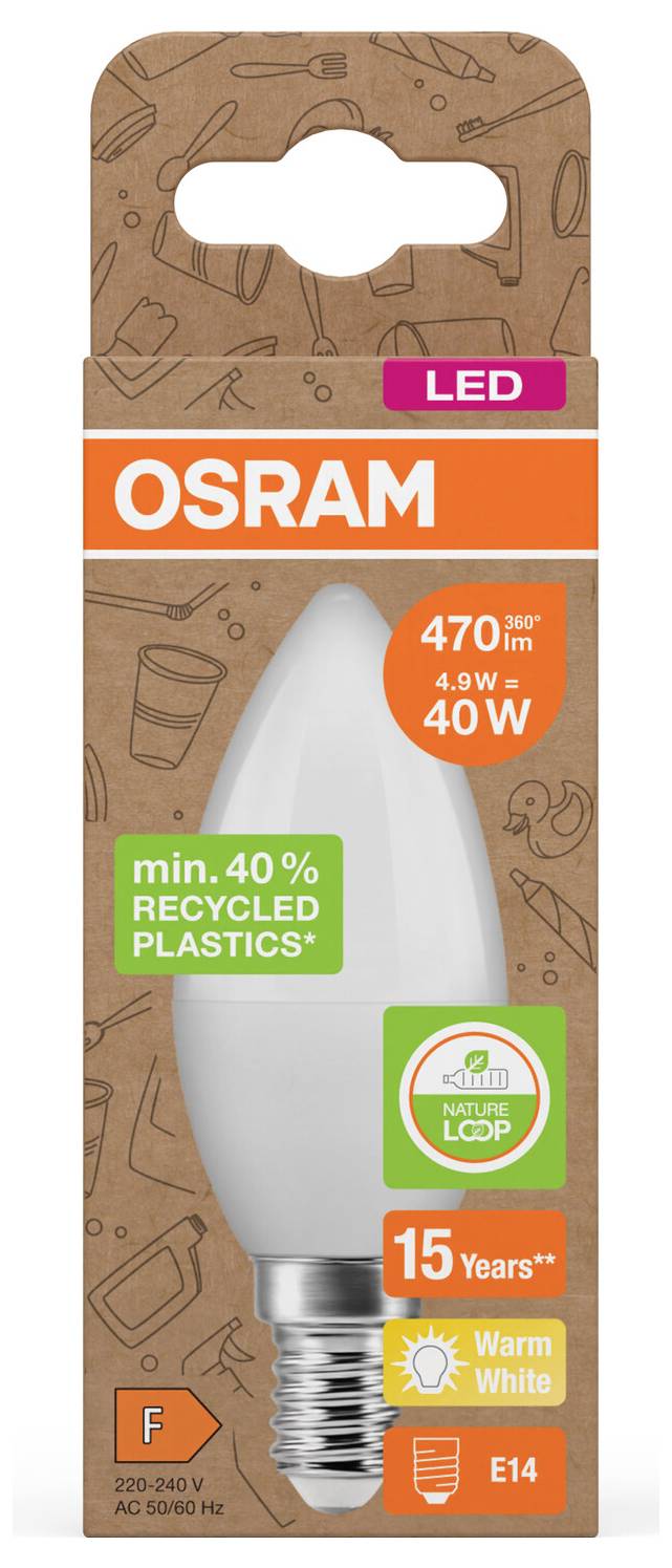 Ampoule LED bougie OSRAM, équivalent 40W, 470 lm, blanc chaud, culot E14, minimum 40% de plastiques recyclés, 15 ans, classe énergétique F
