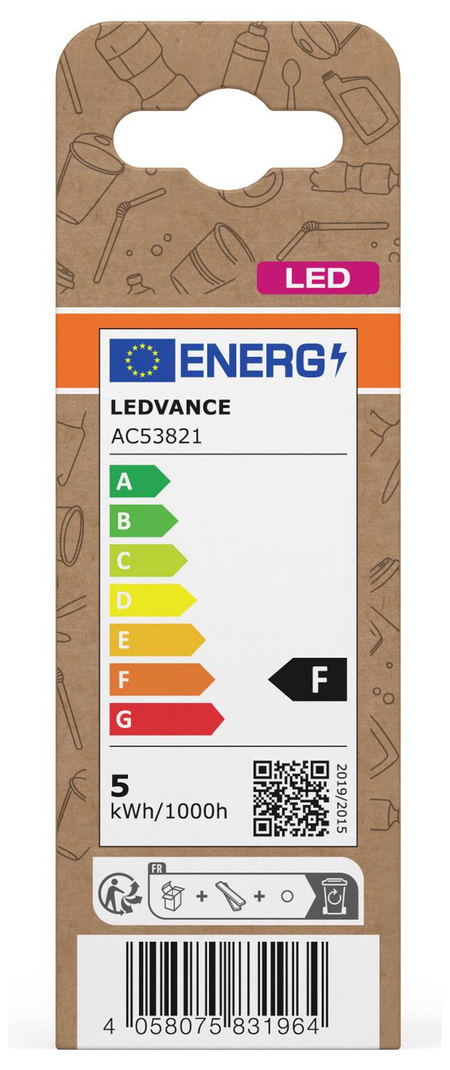 Emballage d'ampoule LED LEDVANCE AC53821 affichant une étiquette énergétique européenne classée F, 5 kWh/1000h, avec code-barres et code QR.