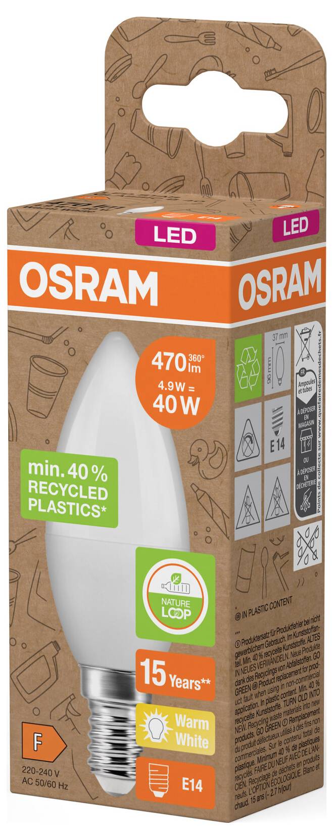 Ampoule LED OSRAM, équivalent 40W, blanc chaud, culot E14, avec durée de vie de 15 ans et minimum 40% de plastiques recyclés.