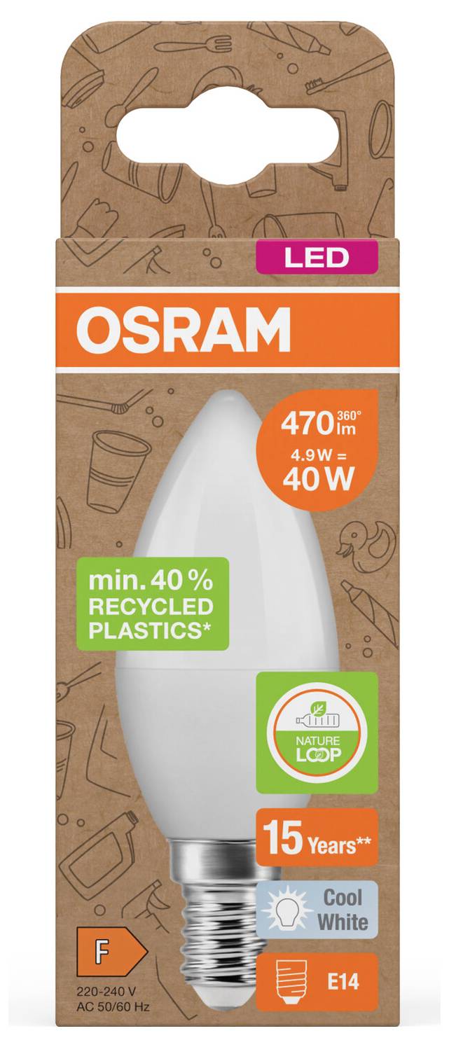 Ampoule LED bougie OSRAM pour culot E14, blanc froid, 470 lumens, 4,9 W, équivalent 40 W, minimum 40% de plastiques recyclés, durée de vie 15 ans.