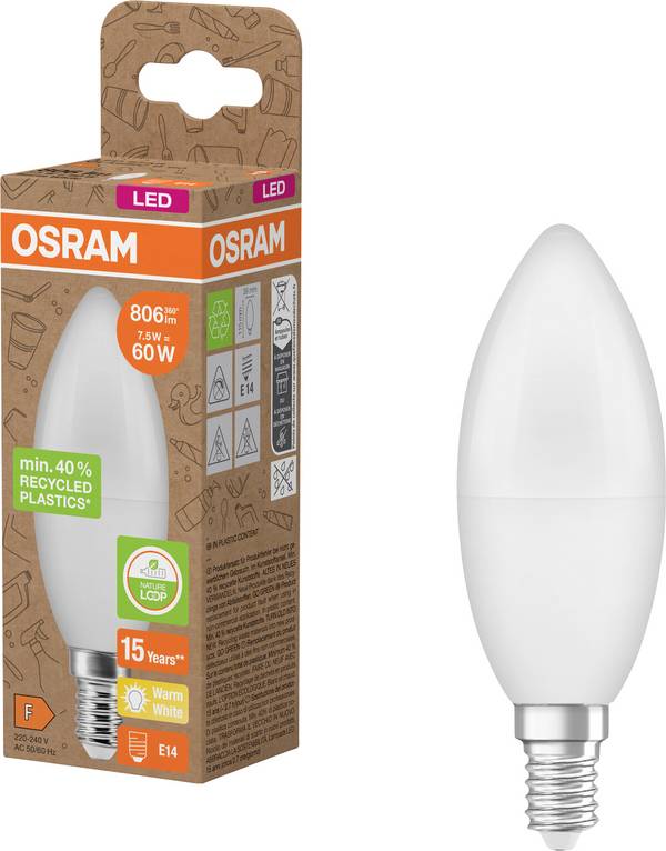 OSRAM HOMELIGHTING 4058075832008 LED CEE F (A - G) E14 forme de flamme 7.5 W = 60 W blanc chaud (Ø x L) 39 mm x 115 mm  1 pc(s)
