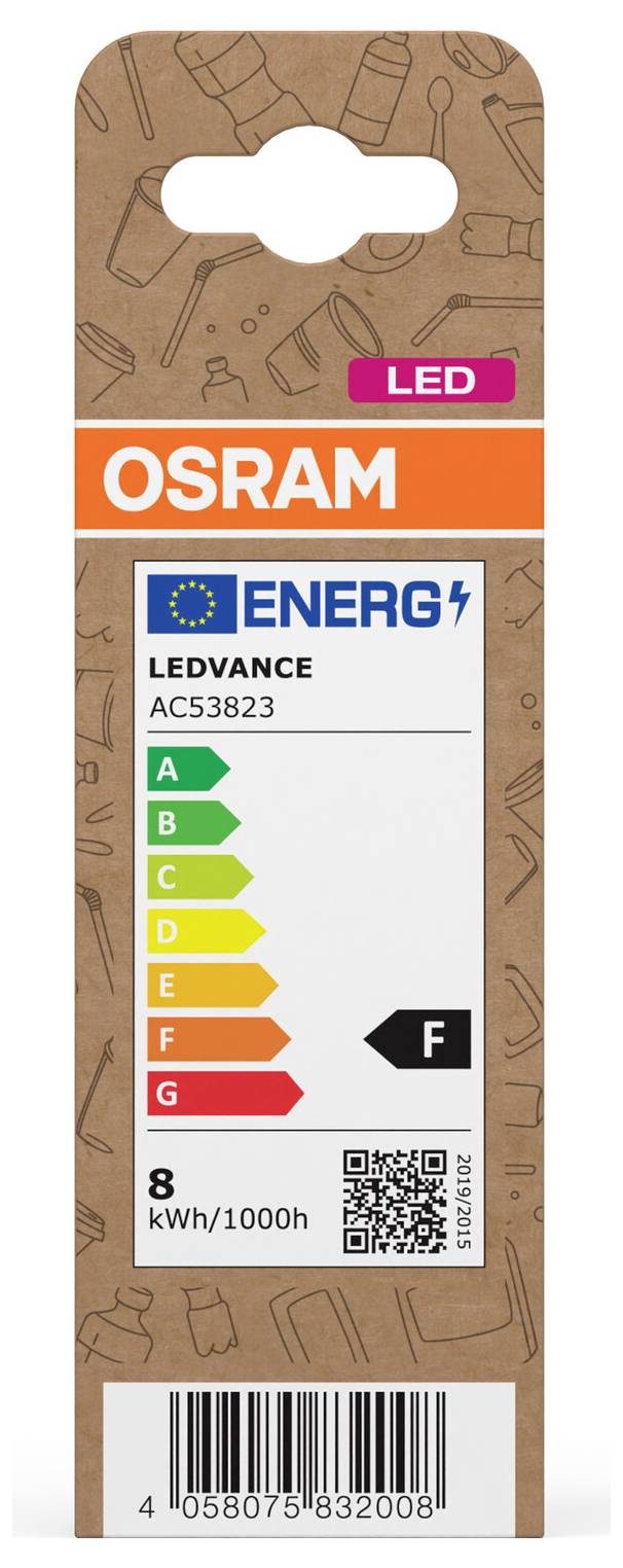 Paquet d'ampoule LEDVANCE d'OSRAM avec étiquette énergétique de l'UE affichant la classe d'efficacité F et une consommation de 8 kWh/1000h.