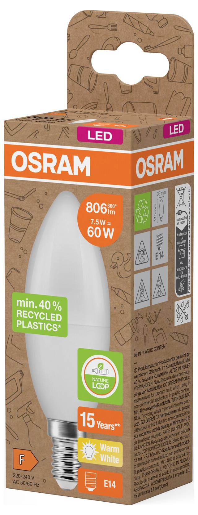 Boîte de vente au détail d'ampoule LED OSRAM, équivalent 60W, blanc chaud, culot E14, 806 lumens, avec déclaration de 40% de plastique recyclé.