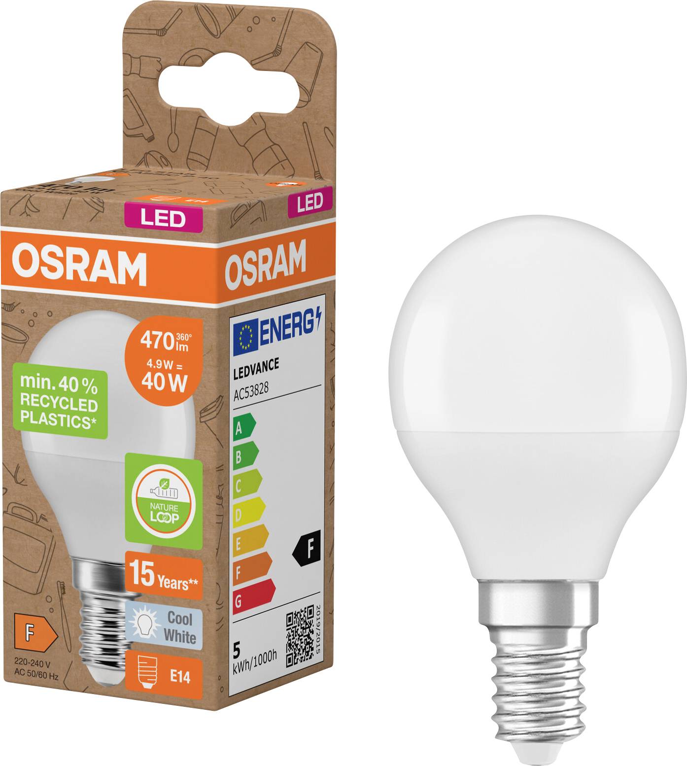 Ampoule LED OSRAM avec culot E14 présentée à côté de sa boîte de vente au détail, étiquetée 4,9W, 470 lumens et équivalent 40W.