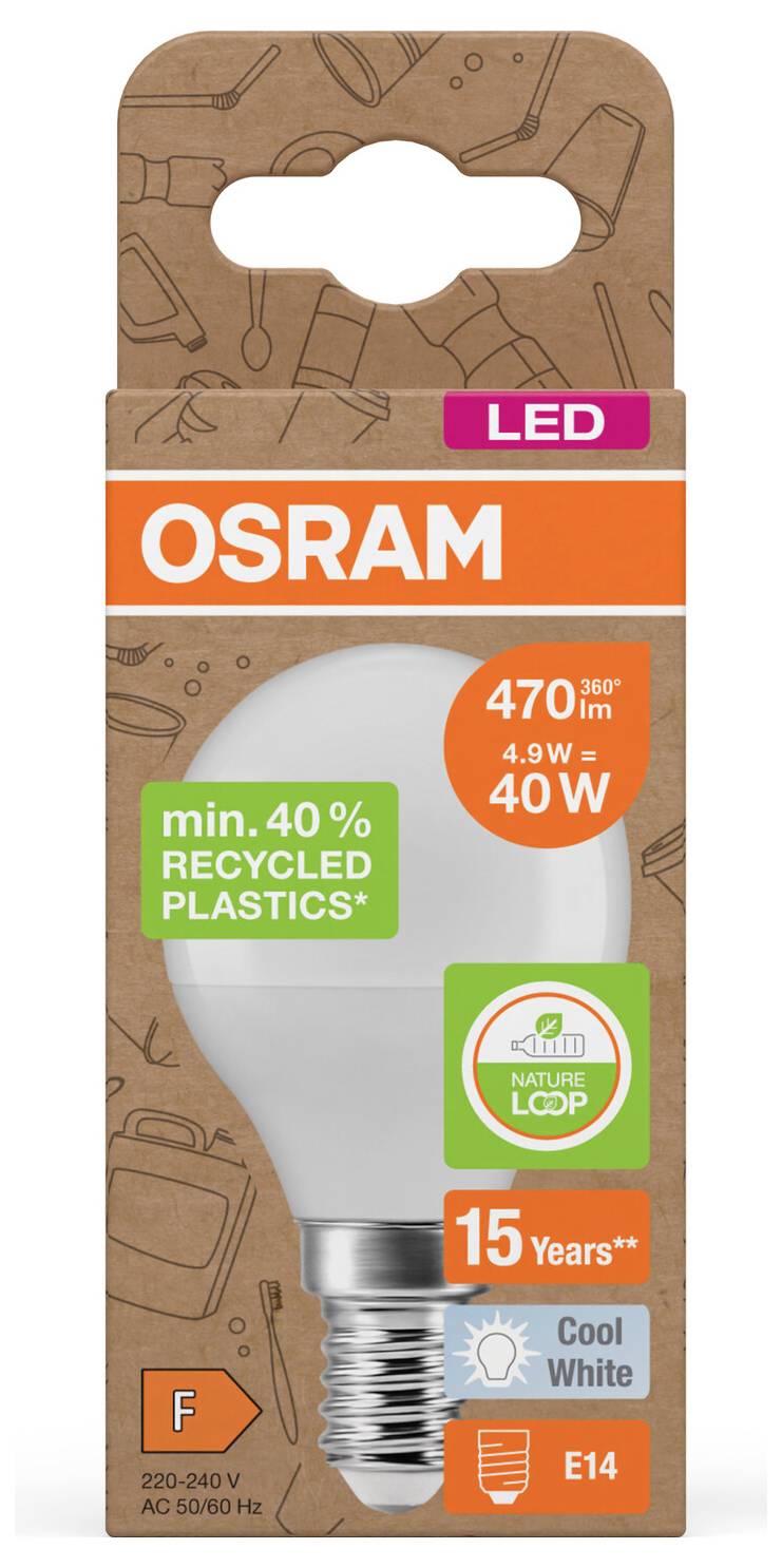 Ampoule LED OSRAM - Emballage montrant une ampoule de 4,9 W, 470 lm, équivalent 40 W, lumière blanc froid, culot E14, minimum 40 % de plastiques recyclés, durée de vie 15 ans, classe énergétique F