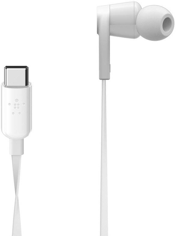 Écouteurs intra-auriculaires blancs avec connexion USB-C, adaptés aux smartphones et tablettes modernes. Vue de gauche montrant le connecteur, écouteur droit.