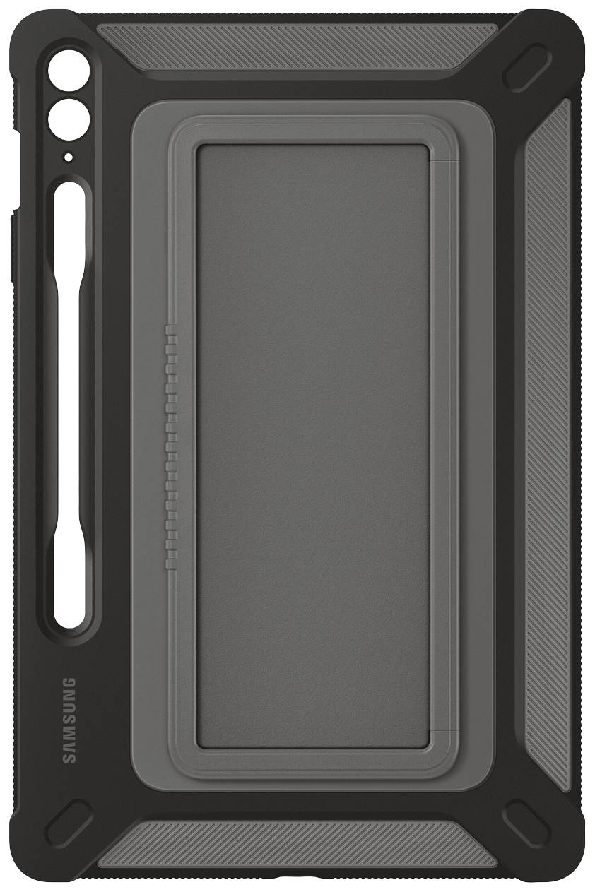 Étui de protection noir robuste pour tablette Samsung avec design ergonomique. Idéal pour une protection renforcée et une manipulation facile.
