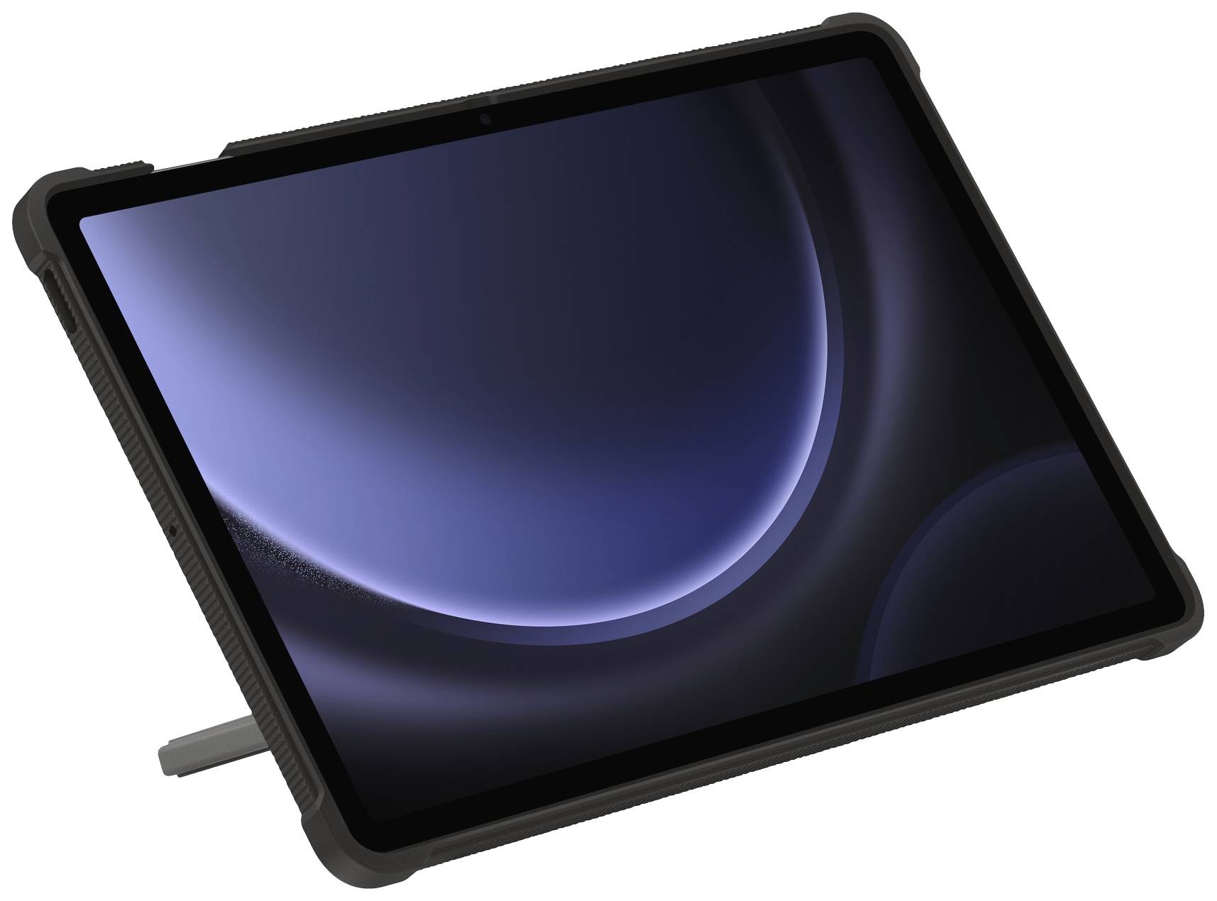 Une tablette noire avec un écran incurvé bleu foncé, posée sur un support, accompagnée d'un stylet.