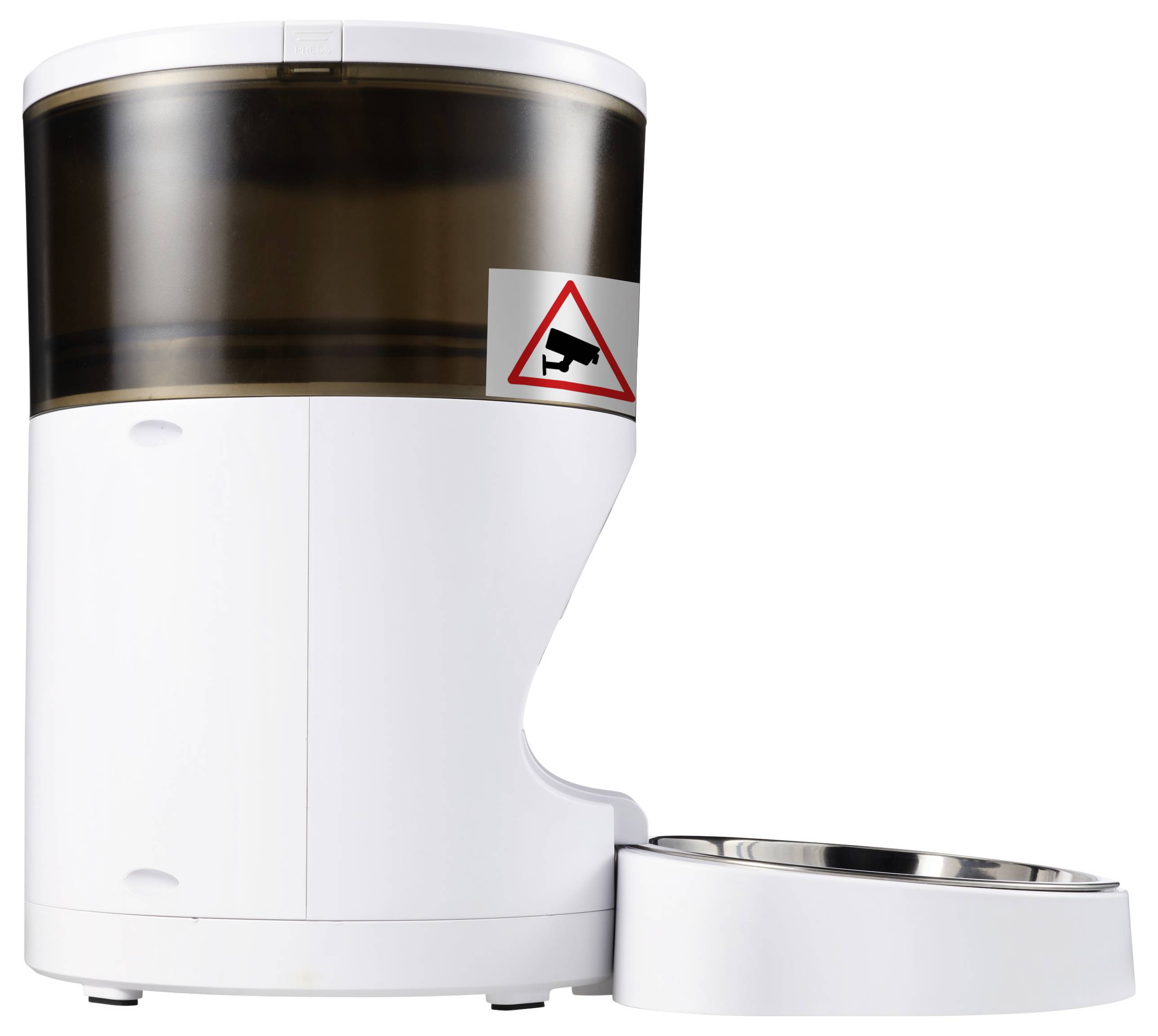 Distributeur automatique de nourriture pour chiens, blanc avec un couvercle transparent et un symbole d'avertissement, montrant une caméra de surveillance.
