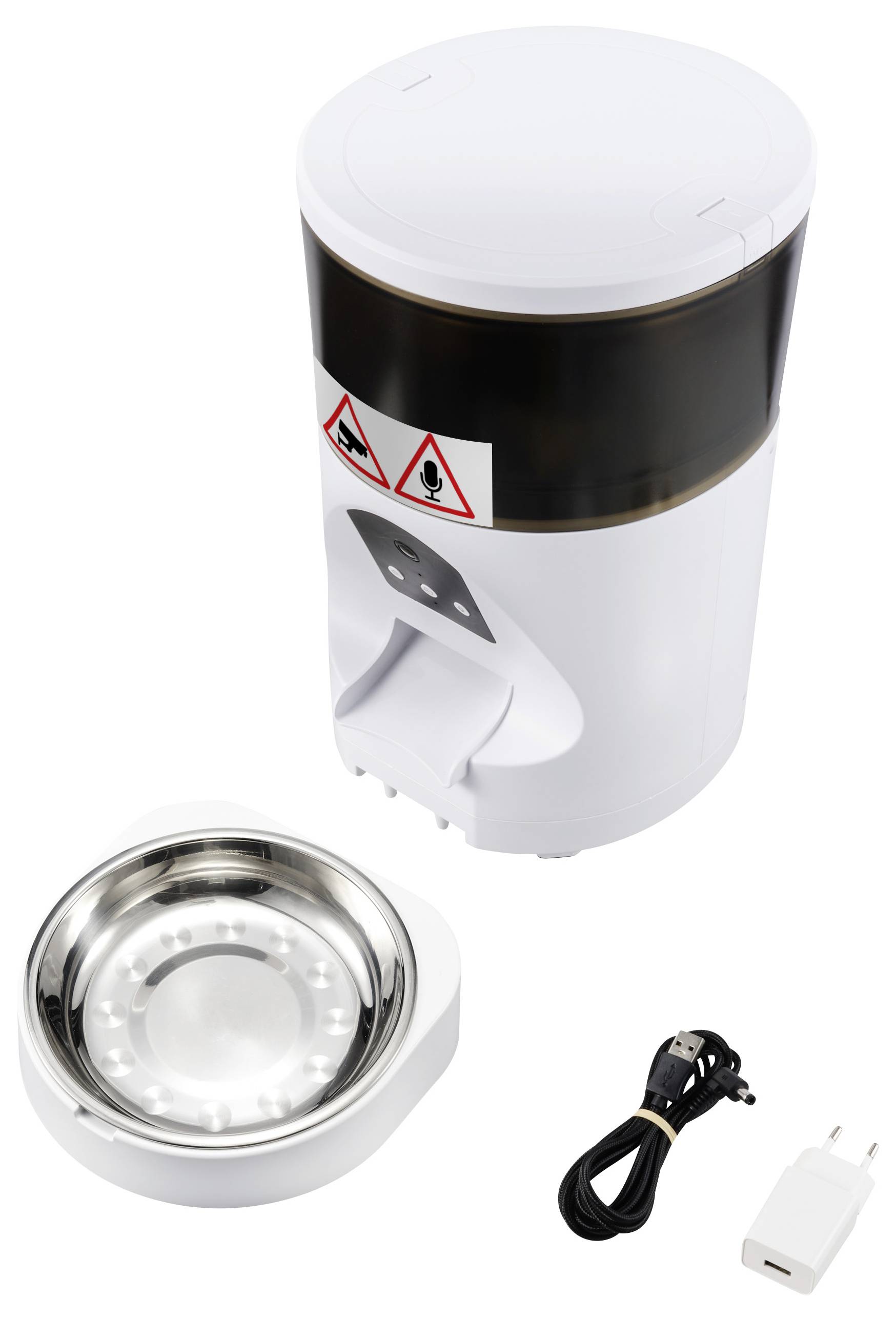 Distributeur automatique de nourriture pour animaux de compagnie en blanc, avec gamelle en acier inoxydable, câble secteur et adaptateur.