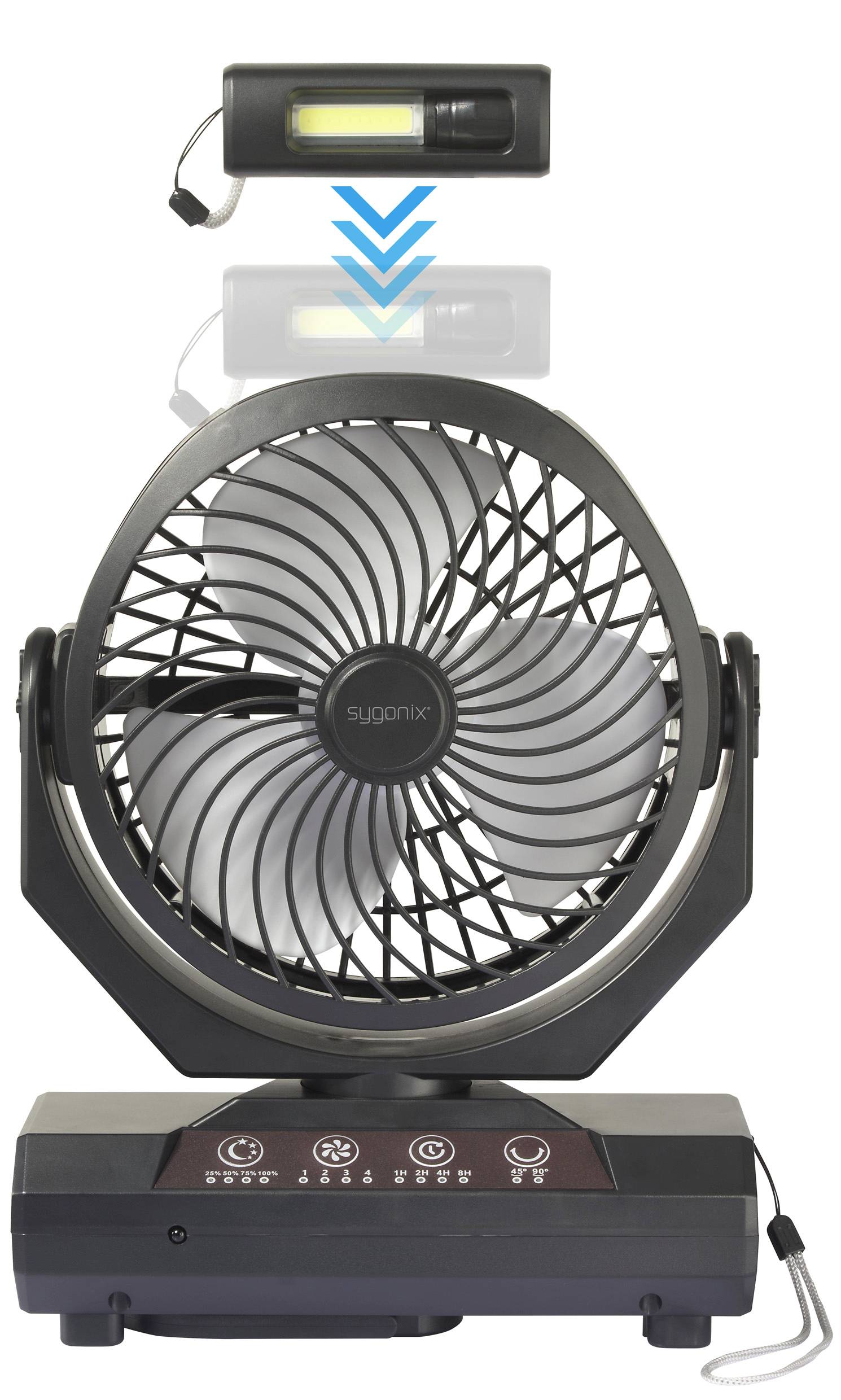 Un ventilateur de table noir avec des pales grises sur un socle. Un accumulateur amovible est suspendu au-dessus du ventilateur.