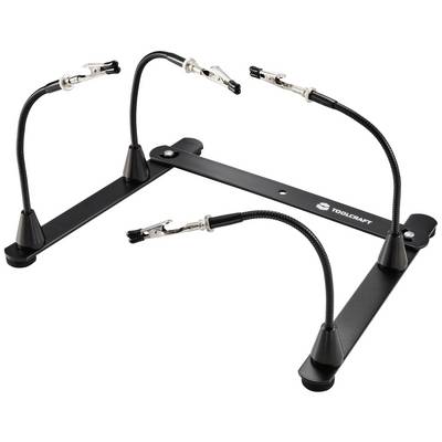 Un support noir avec quatre bras flexibles et des pinces. Adapté pour la fixation de composants lors de travaux ou de présentations.