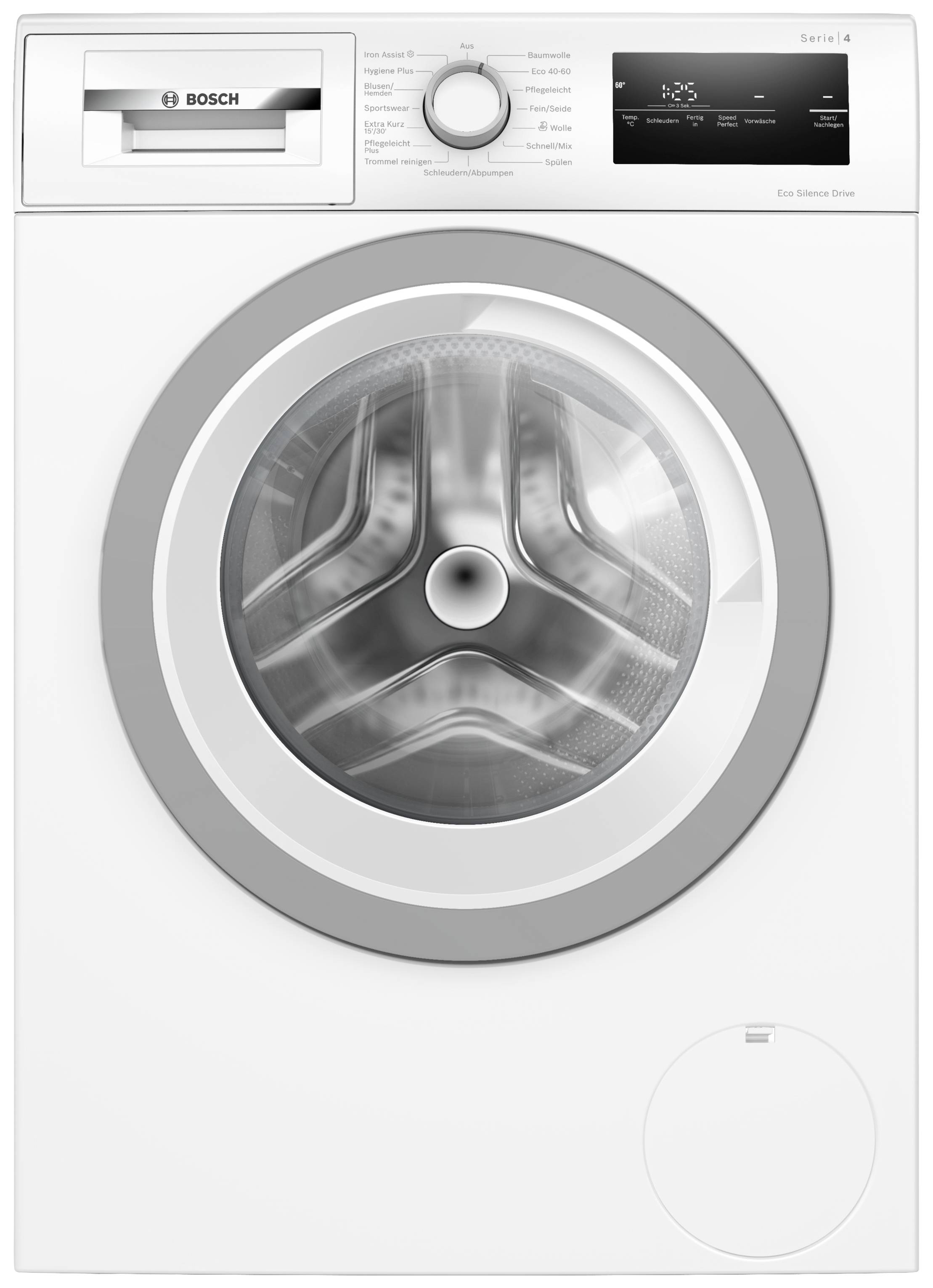 Machine à laver Bosch, blanche, avec un hublot rond à l'avant. Commandes en haut, logo de la marque à gauche, affichage numérique à droite.