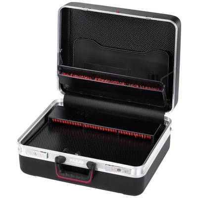 Une boîte à outils ouverte avec des compartiments triés pour les outils. L'intérieur est noir avec des accents rouges et dispose de supports pour maintenir l'ordre.