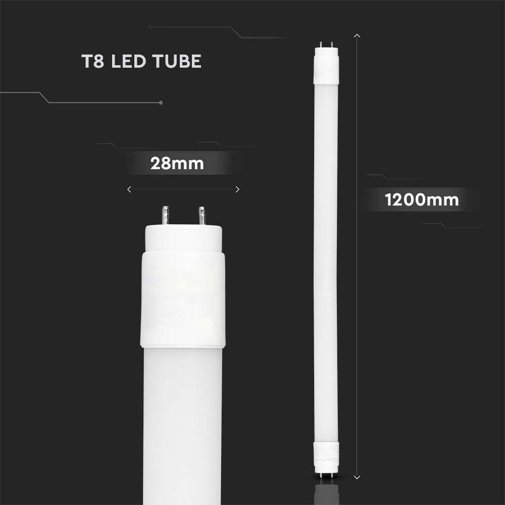 Tube LED T8, représentation avec dimensions : longueur 1200 mm, diamètre 28 mm, fond noir.