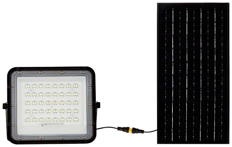 Une lampe solaire à LED avec un panneau solaire noir à côté, reliée par un câble.
