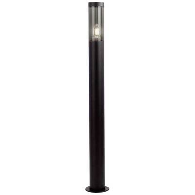 Lampadaire noir et élancé avec abat-jour transparent et ampoule apparente.