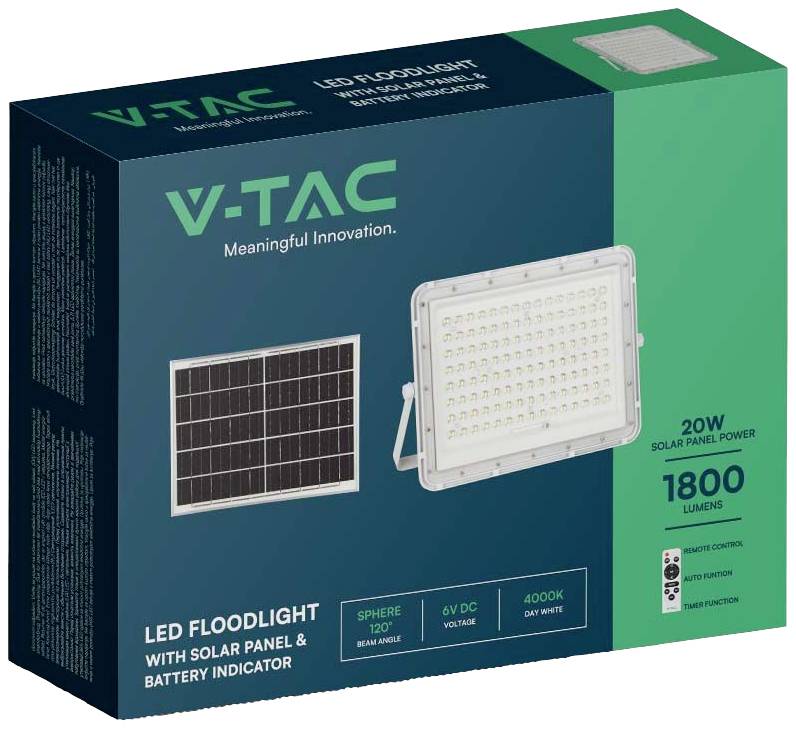 Emballage d'un projecteur LED avec panneau solaire, marque V-TAC. Détails : 20W d'énergie solaire, 1800 lumens, blanc lumière du jour 4000K.