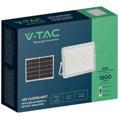 Emballage d'un projecteur LED avec panneau solaire, marque V-TAC. Détails : 20W d'énergie solaire, 1800 lumens, blanc lumière du jour 4000K.