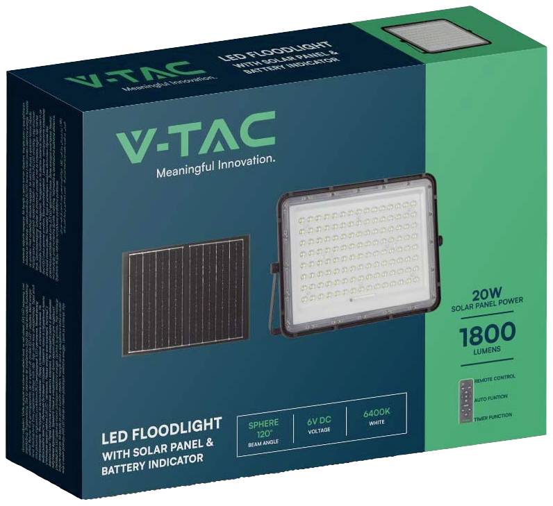 'Projecteur LED V-TAC avec panneau solaire et indicateur de batterie, puissance de 20W, 1800 lumens, boîtier blanc, angle de faisceau de 120°, 6400K.'