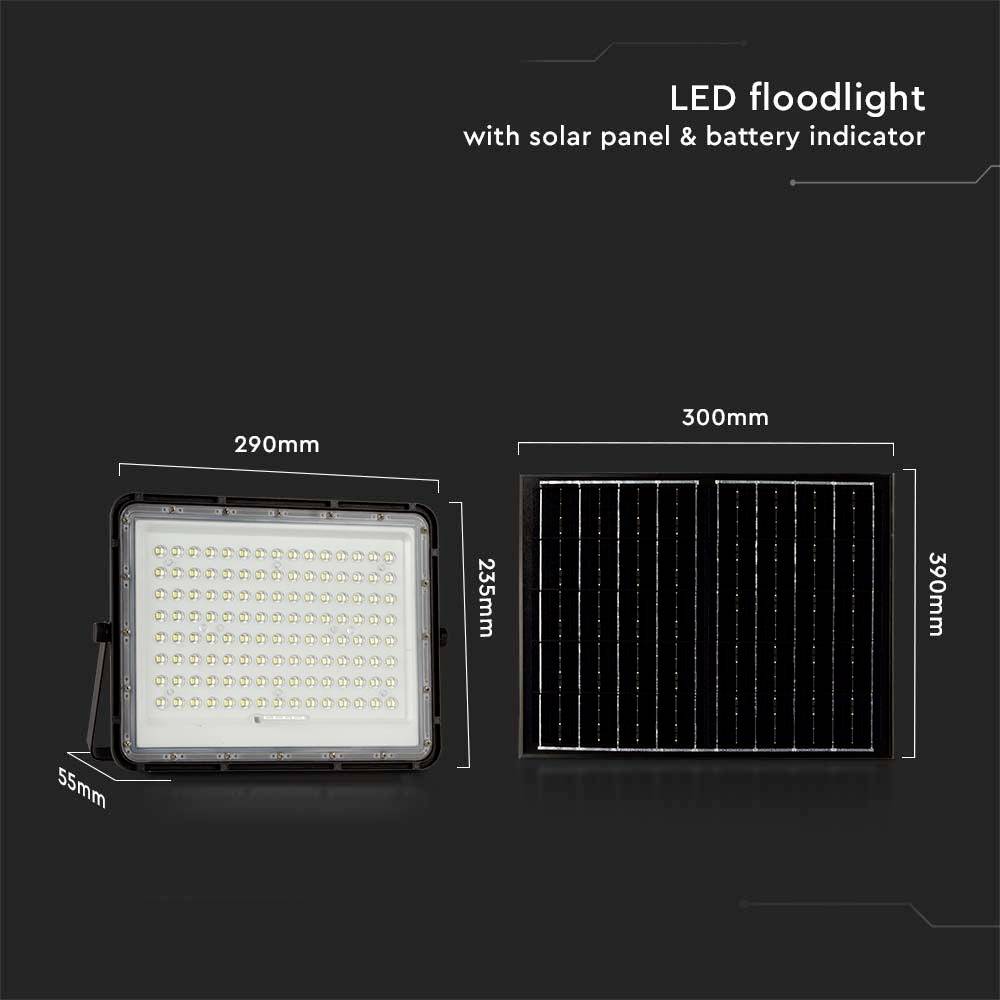 'Projecteur LED avec panneau solaire et indicateur de batterie. Dimensions : Projecteur 290x235x55mm, Panneau solaire 300x390mm.'