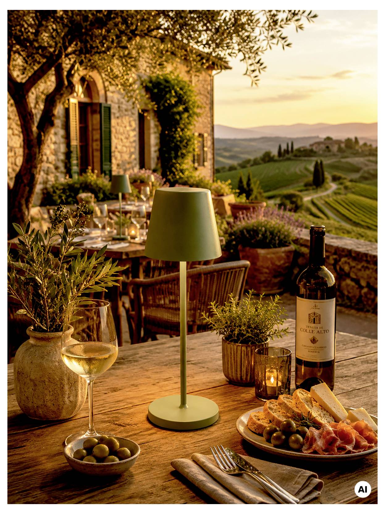 Table de dîner rustique en plein air au coucher du soleil, avec vin, amuse-bouches, lampe et bougies, face aux collines de vignobles à côté d'une maison en pierre.