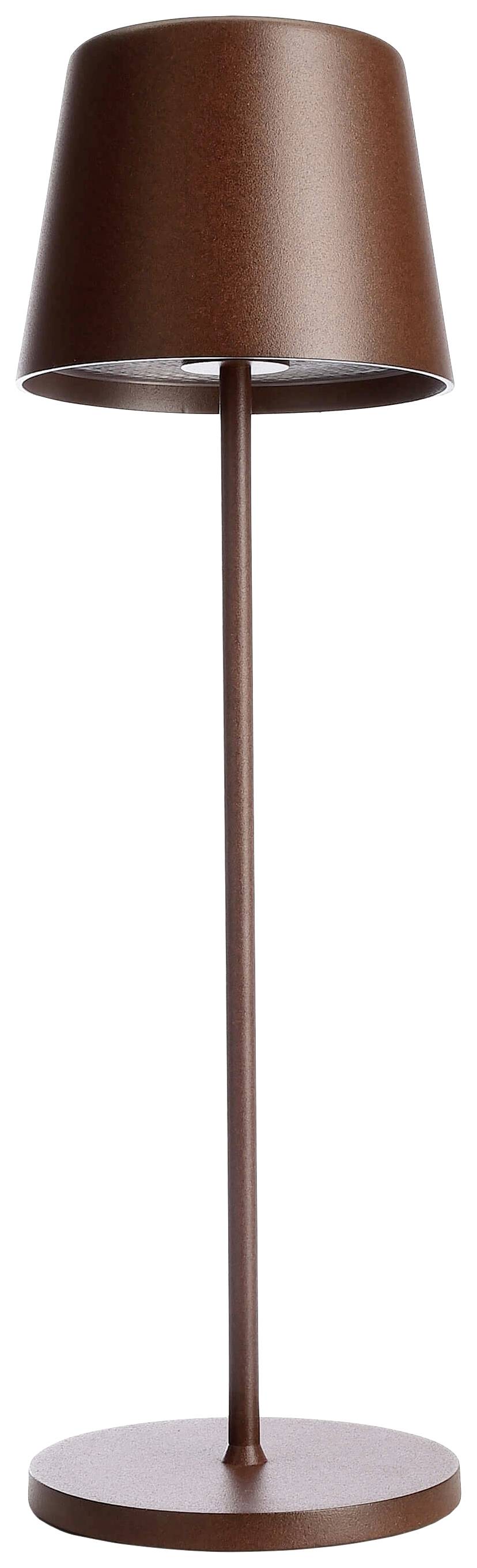 Lampadaire marron au design simple et moderne. Abat-jour cylindrique et pied élancé reposant sur un socle rond.